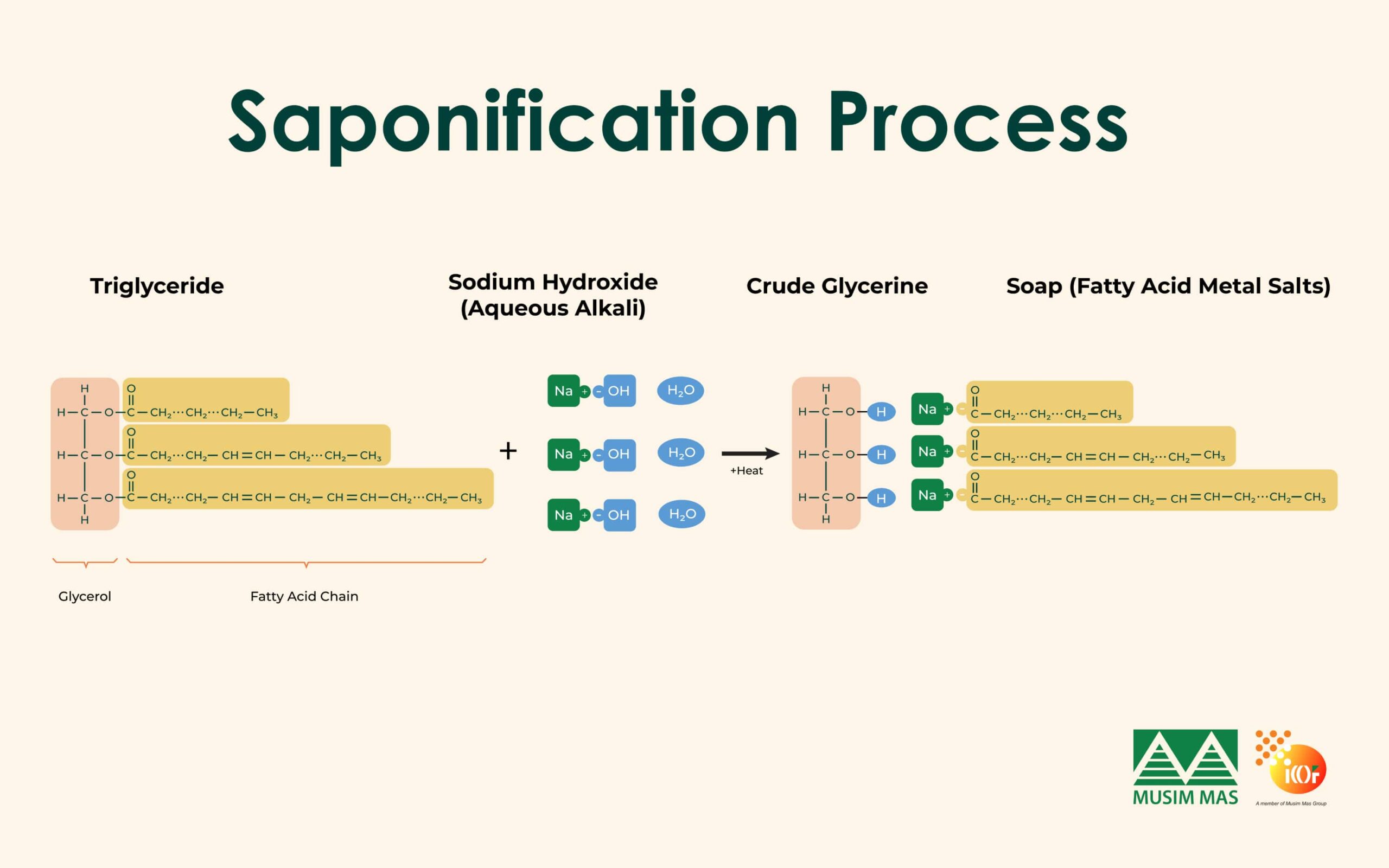 Palm oil triglyceride saponification for glycerine and fatty acid metal salt soap